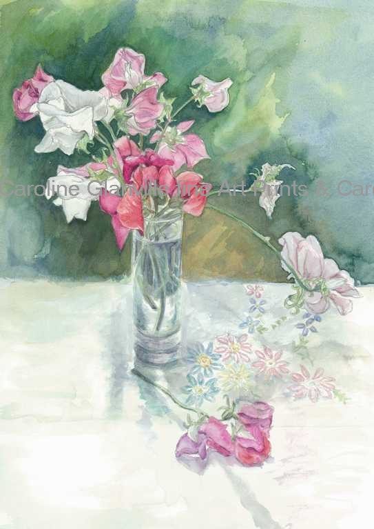Sweet peas pink in vase, painting by Caroline Glanville